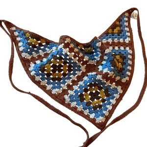 Granny Square Crochet Hair Scarf in Brown and Blue